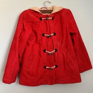 Girls red corduroy zip up hooded jacket 10/12